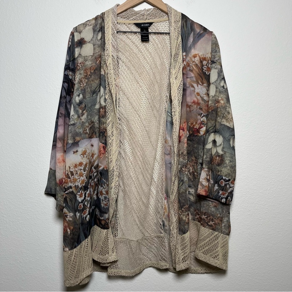 Ali Miles Women Open Front Cardigan Large Crochet Knit Art to‎ Wear Floral